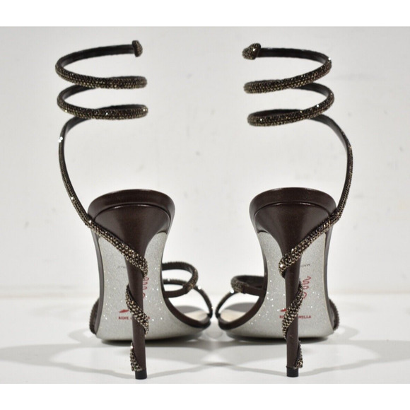 Rene Caovilla Margot Brown Crystal Snake Ankle Wrap Strap Sandal Heel Pump 38 - Picture 11 of 12